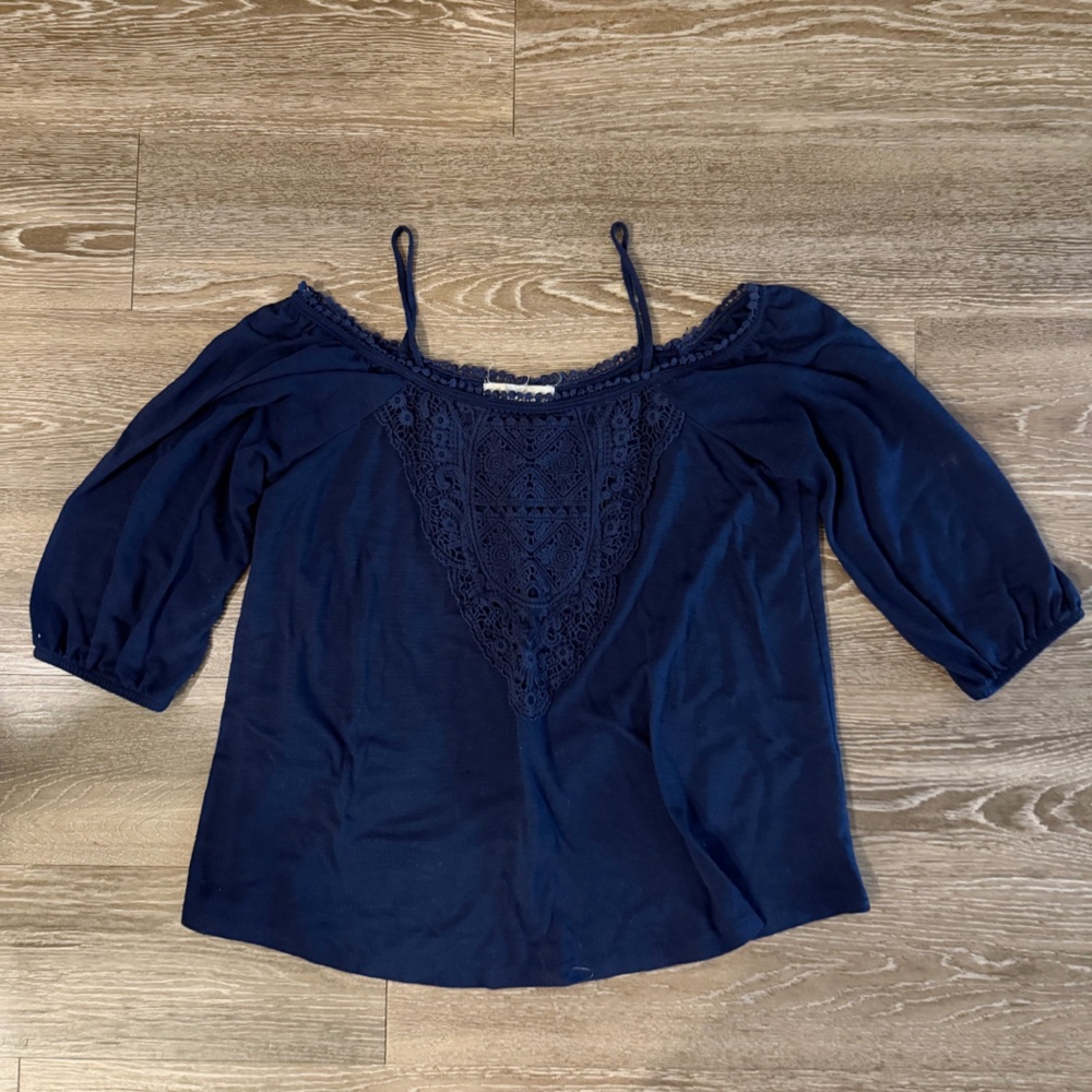 $5 Sale! Rewind Navy Crochet-Front Off-Shoulder Blouse with Spaghetti Straps